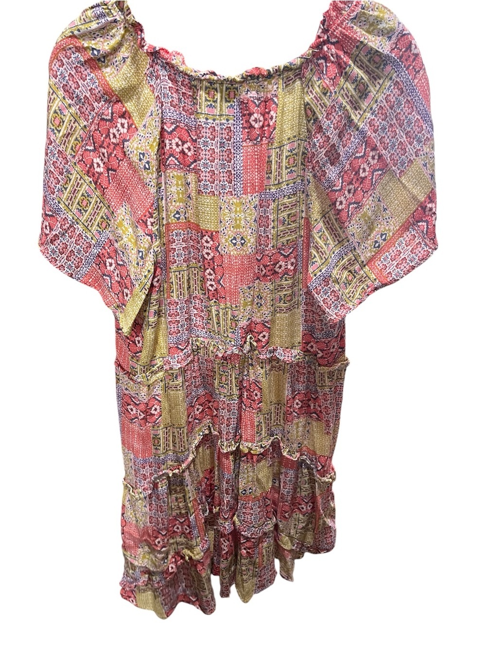 Anthropologie Robin Tiered Mini Dress Pink & Yellow Patchwork XLP - Picture 7 of 12